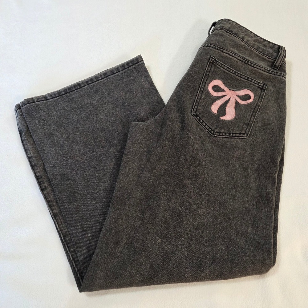 J For Justify Washed Black Wide Leg Jeans Pink Bow Embroidery Size M Coquette